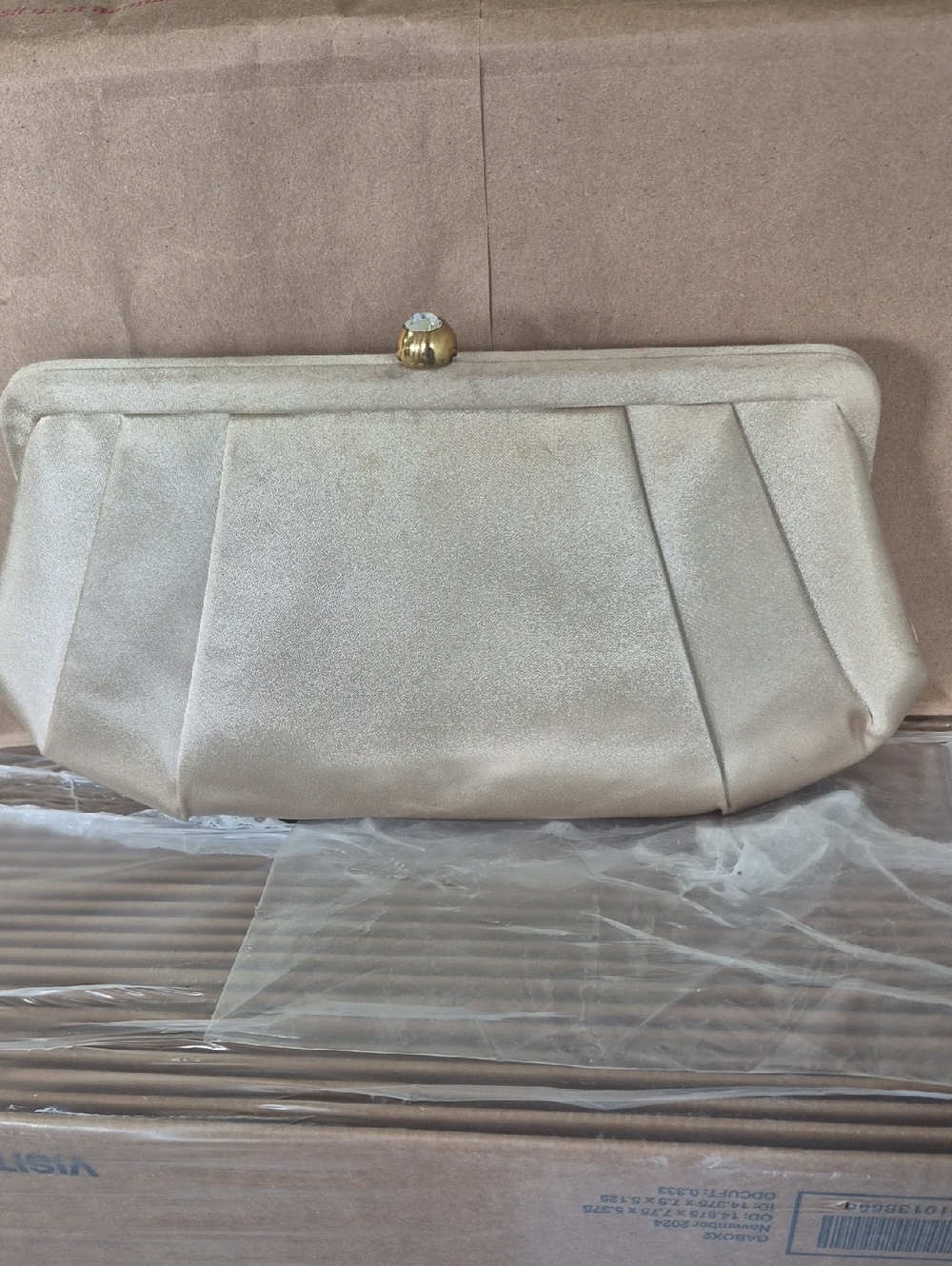 Vintage Satin Pleated Cream Evening Clutch Coin Pouch & Mirror